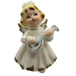 Vintage Lefton Angel with Blue Guitar Mandolin Pink Bow Blond Hair #1592